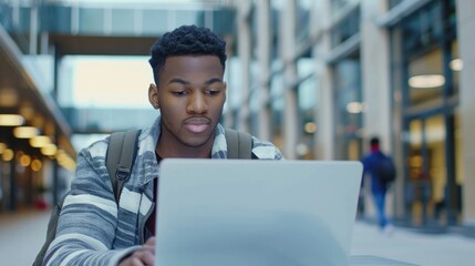 University student using a laptop for online coursework and research.