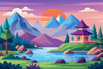 Serene Mountain Landscape with Pagoda and Sunset