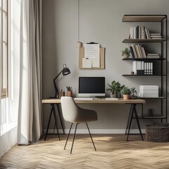 Modern home office with computer, plant, and minimalist decor. Cozy and well-lit workspace by the window. Perfect for productivity.
