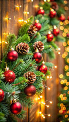 Christmas Garland with Red and Gold Ornaments on Wooden Background