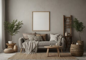 Scandi-boho style living room interior with frame mockup