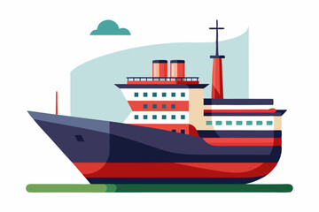 Red and Blue Cargo Ship with a Cloud in the Background