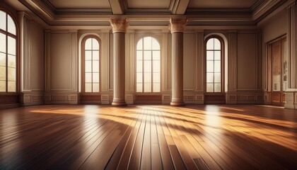 Obraz premium AI generating illustration of a contemporary empty room with old wooden floor and a column in the middle with large windows all around