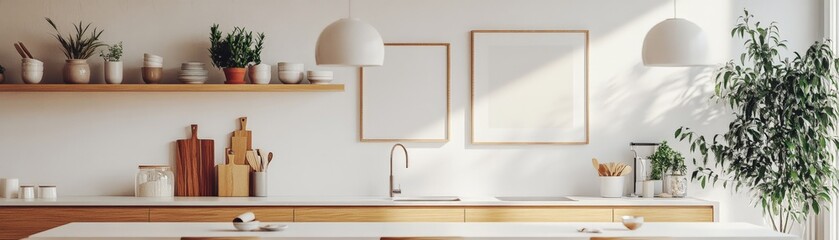 Modern kitchen interior with wooden elements, plants, and white decor, featuring clean lines and minimalistic design.