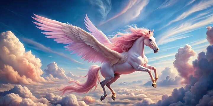 Pink Pegasus Soaring Through Clouds, Digital Art, Fantasy Horse, Mythical Creature, Sky, Wings, Clouds