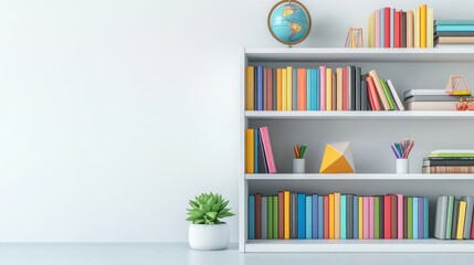 a sleek white bookshelf filled with colorful children's books, a modern globe, geometric educational toys, and small potted succulents