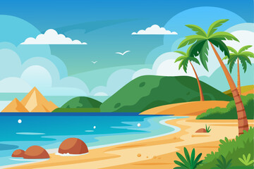 Obraz premium Tropical Beach Scene with Palm Trees and Mountains