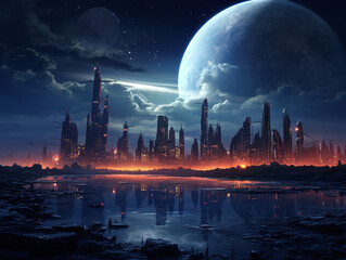 Modern city skyline illuminated at dusk with reflection