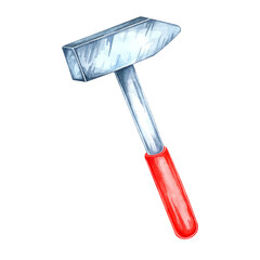 Hammer with a metallic head and a distinctive red handle. Watercolor clipart of the workshop tool. Perfect for construction websites, DIY project graphics, and hardware store branding, flyers