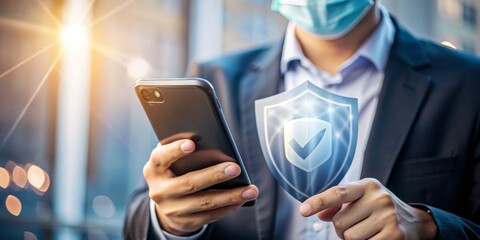 Secure Smartphone Usage Businessman Holding Phone with Protective Shield, Cybersecurity, Mobile Security, Privacy, Protection