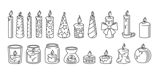 Fototapeta premium Hand-drawn Doodle Vector Illustration Featuring Diverse Collection Of Candles With Different Shapes, Patterns And Decor