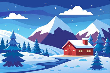 A Cozy Red Cabin Nestled in a Snowy Mountain Valley