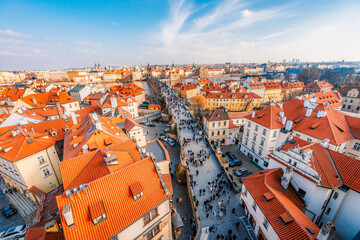View of the city of Prague and the Vltava river with Charles bridge  from Malostranske bridge...