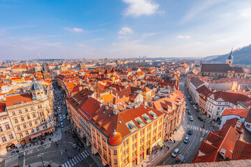 Obraz premium View of the city of Prague and the Vltava river from St Nicholas Church at Mala Strana (Kostel sv. Mikulase) in Prague, Czech Republic.