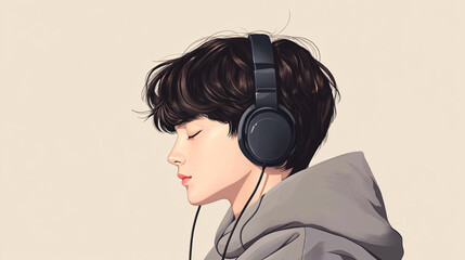 Adorable Kpop Boy Listening to Music - Front View Close-up Flat Illustration in Minimalist Style with Clean Background, High Definition Detail