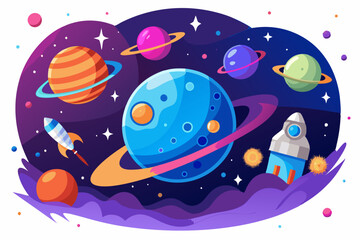 Colorful Planets and Rocket in Outer Space
