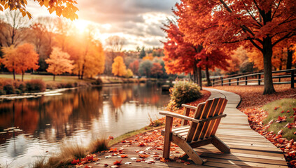 Fototapeta premium sunny autumn day by the lake with a wooden chair and vibrant fall colors, Thanksgiving, Harvest Festival