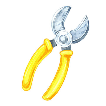 recommend clip art: Wire cutter with vibrant yellow handles and a sharp metallic cutting edge. Watercolor clipart of the workshop tool. Ideal for electronics-related designs, tool branding, or instructional materials