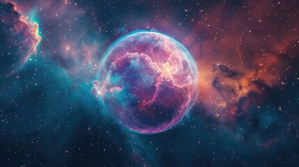 A vibrant, swirling nebula surrounds a glowing, ethereal planet. The colors are rich and saturated, creating a sense of wonder and awe.