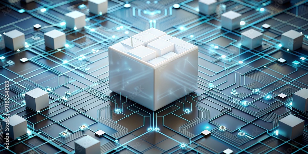 Fototapete the central processing unit a white cube on a circuit board with glowing blue lines, 3d rendering, d