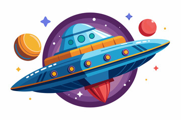 Flying Saucer Spaceship with Planets and Stars