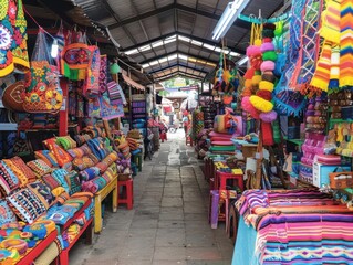 Fototapeta premium Vibrant market aisle showcasing colorful handmade crafts and textiles, perfect for cultural and travel photography.