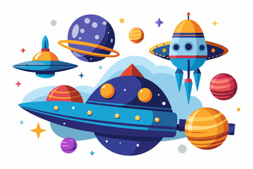 Colorful Spaceships and Planets in Outer Space