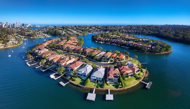 Breathtaking aerial view of C shaped residential island with cozy villas located in Sylvania Waters suburban area on sunny day in Sydney