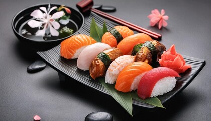An array of exquisite sushi, artfully arranged and viewed from an overhead perspective.