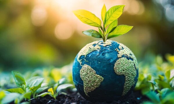 Symbolizing Hope and Growth. A tiny green plant nestled on a globe, inspiring sustainability and nurturing the future of our planet.