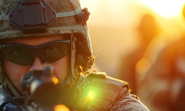 Portrait soldier or private military contractor holding sniper rifle