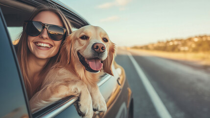 A Woman and A Dog Leaning Out of Car Window on Scenic Highway