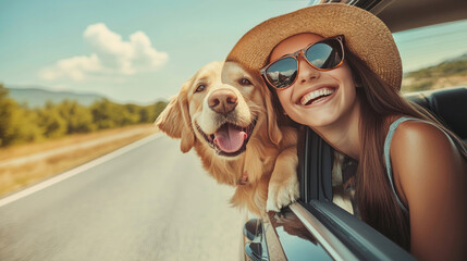 A Woman and A Dog Leaning Out of Car Window on Scenic Highway