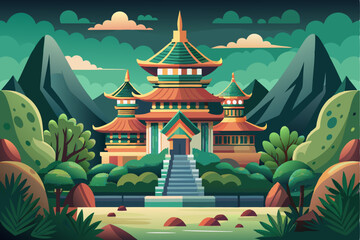 Fototapeta premium Asian Temple Surrounded by Lush Green Mountains and Foliage