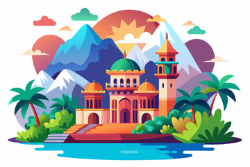 Colorful Mosque Architecture Surrounded by Tropical Landscape and Mountains