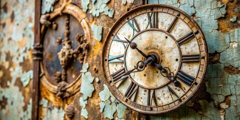 Obraz premium Time's Unfinished Symphony A Worn Clock Face Adorned with Rusted Ornate Details, clock, antique, time, decay