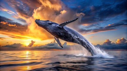 Obraz premium A Symphony of Blues: A Humpback Whale Breaching Against a Twilight Sky AI generated