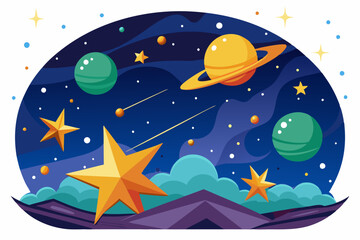 Naklejka premium A Night Sky with Planets, Stars, and Shooting Stars