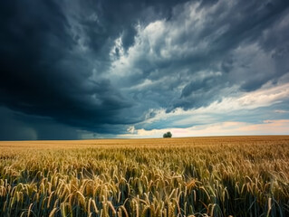 Dark clouds loom over a golden wheat field on a stormy afternoon