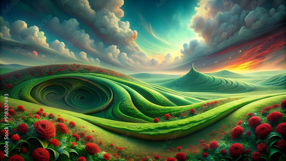 Poster a serene symphony of green and red: an abstract interpretation of emerald fields and crimson blooms 