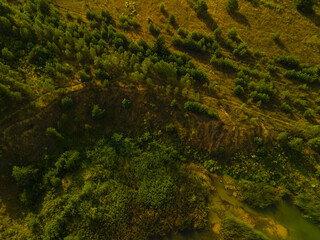 Landscape view from drone, green fields and forest, sky with white clouds. 