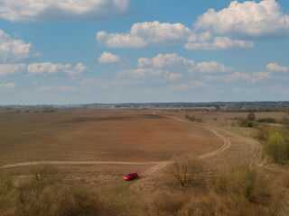 View of the roads, landscape and roadside from the height of a flying drone. 