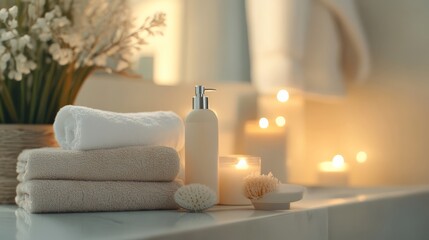 Serene spa setting with towels, candles, and lotion on a clean white surface for relaxation and self-care.