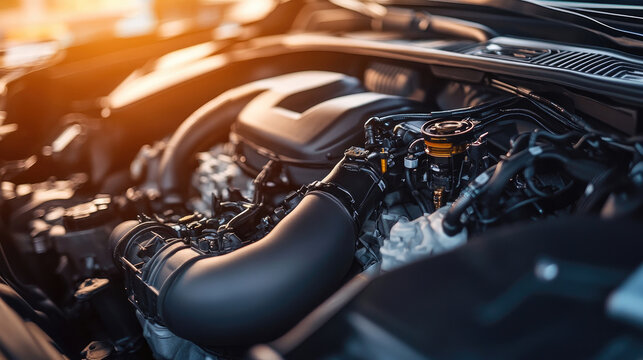 Top Down View of Engine Compartment in a Car with Hood Open