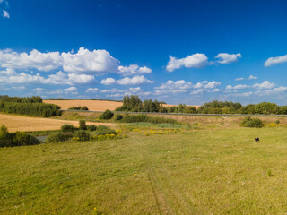 Obraz premium Landscape view from drone, yellow and green fields and haystacks, sky with white clouds. 