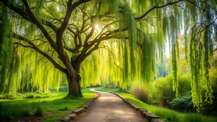 Naklejka premium Whispers of the Willow: A Shy Boy's Secret Garden generative AI