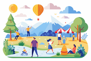 People enjoying a sunny day in a park with a hot air balloon and mountains in the background