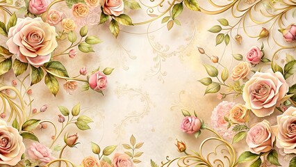 Etched in Elegance: Pink Spray Roses and Golden Leaves in Art Nouveau Design  generative AI