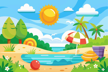 Fototapeta premium Summer Beach Scene with Palm Trees, Sun, and a Pool