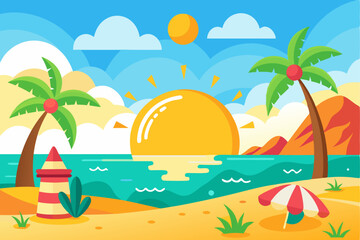 Obraz premium Tropical Beach Scene with Palm Trees, Sunset, and Umbrella